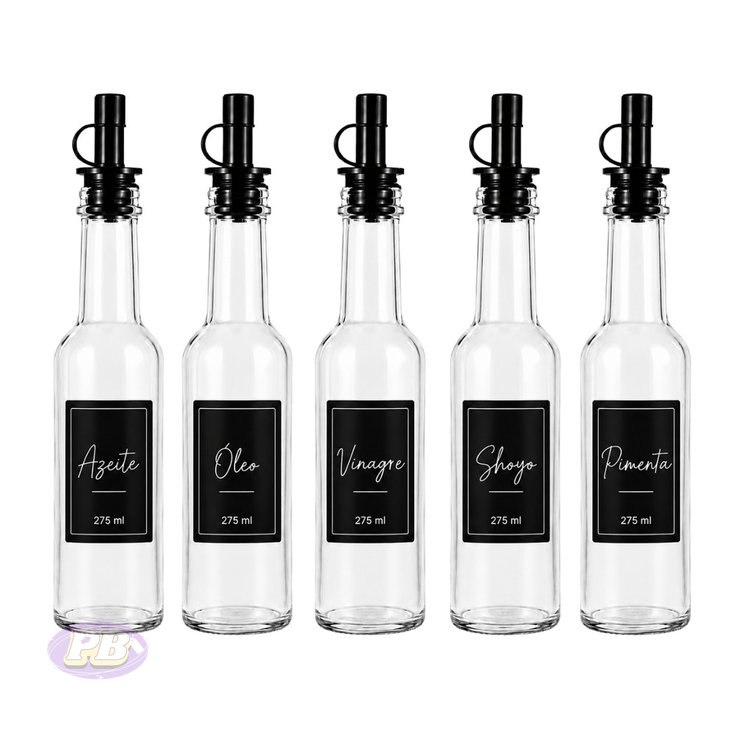 Kit 5 Galheteiros de Vidro 275 ml com Dosador Preto e etiquetas