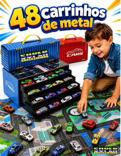 Maleta 48 Carrinhos + Tapete Pista 40x60 Estacionamento Brinquedo Infantil