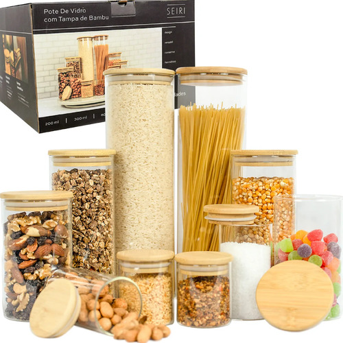 Kit 10 Potes Herméticos Vidro Tampa Bambu Seiri