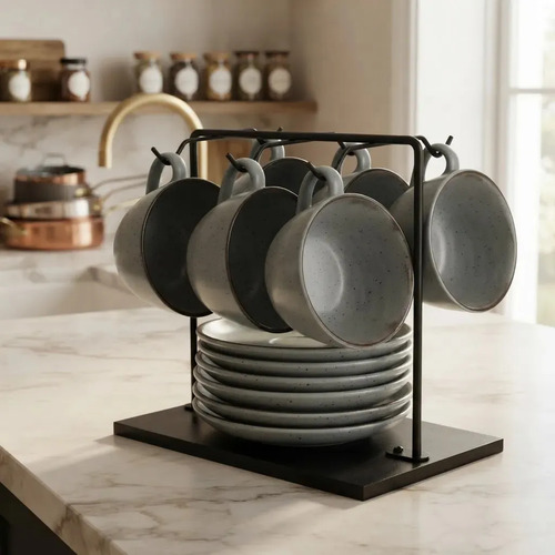 Suporte Organizador Para Xícaras E Pires Metaltru Aramado Preto