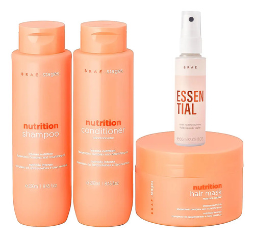 Kit Braé Stages Nutrition Shampoo + Condicionador + Máscara + Essential 60ml