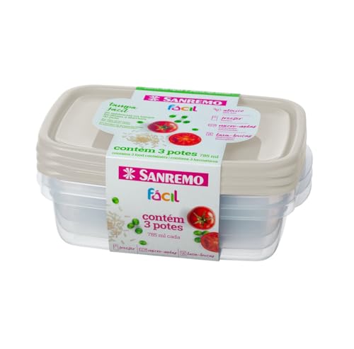 Sanremo Pote Plástico Hermético Retangular 785ml Conjunto 3 Peças Linha Fácil
