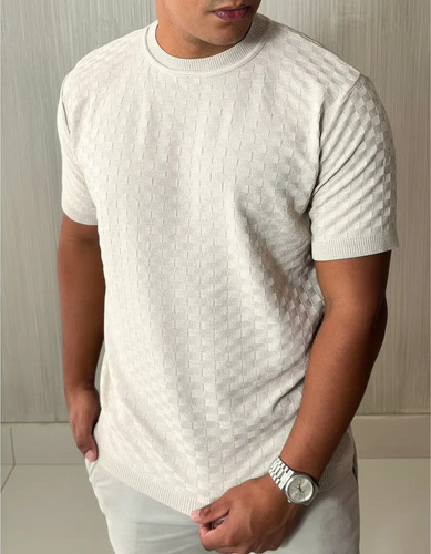 Camiseta Masculina Manga Curta Xadrez Tricô