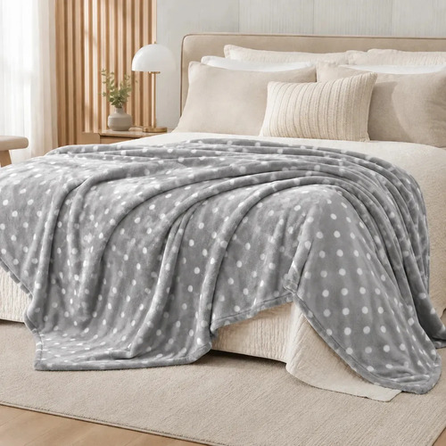 Manta Soft Poá Cinza Bolinhas Para Cama Casal