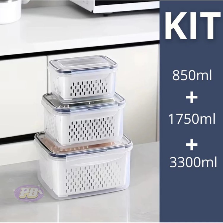 Kit 3 Organizadores Potes Herméticos 850ML/1750ML/3300ML