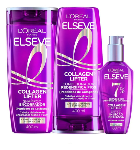 Kit 03 un. L'Oréal Paris Elseve Collagen Lifter Shampoo 400ml Condicionador 400ml e Sérum Leave-in 100ml
