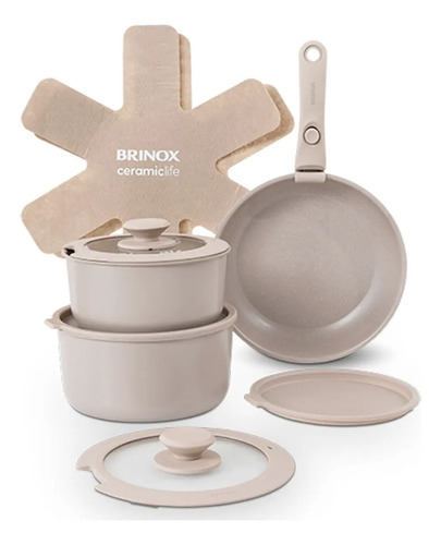 Jogo de Panelas Antiaderente Cerâmico 10 Peças Brinox Fit Cor Areia