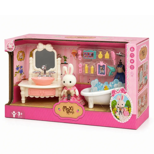 Casinha Boneca Coelho Brinquedo Infantil Mini Cenários Móveis Acessórios Coleção HopJoy Maxi Toys - Hora do Banho