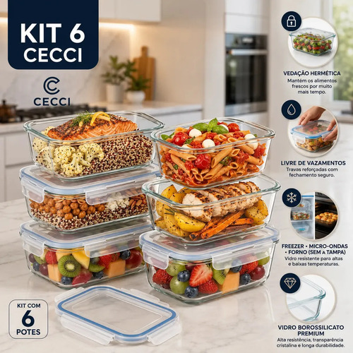 Kit 6 Potes de Vidro Herméticos Retangulares 640 mL