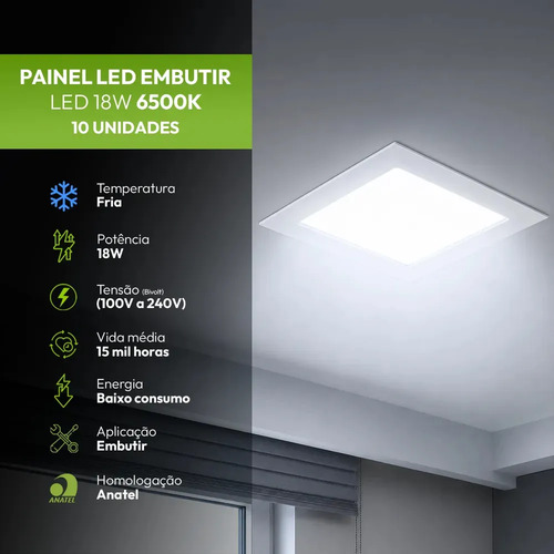 Kit 10 Painel Led Plafon Embutir 18W 6500K
