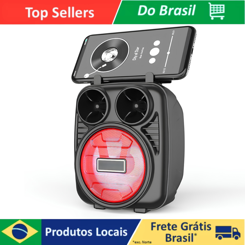 Caixa de Som Portátil Bluetooth com LED Rádio FM USB e SD