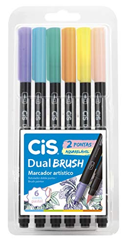 Caneta pincel dual Brush Aquarelável com 6 cores Pastel Cis