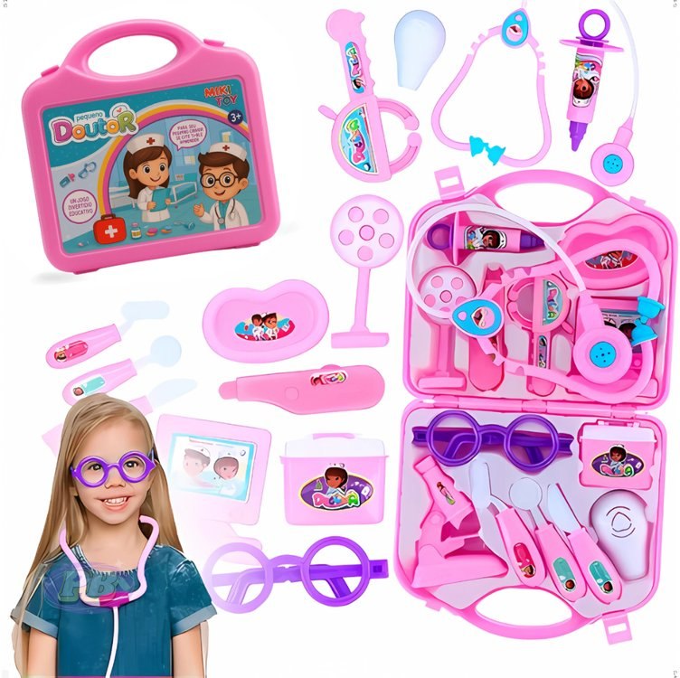 Kit Médico Infantil Educativo com Mala Rosa