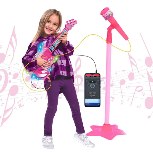 Guitarra e Microfone Infantil Instrumento Musical Brinquedo Cor Rosa Atentu