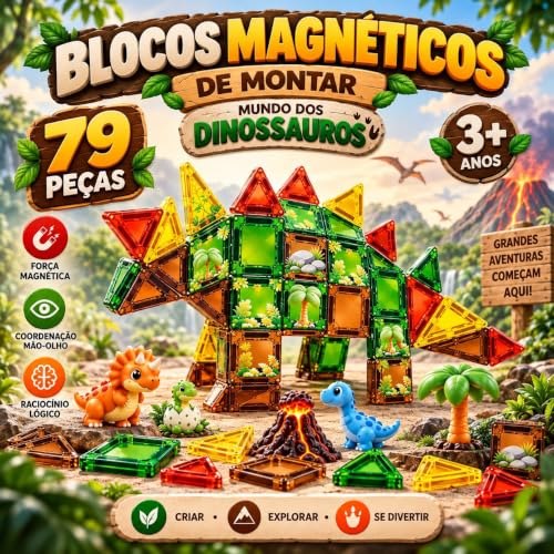 Blocos de Montar Magnéticos Mundo dos Dinossauros 79 Peças