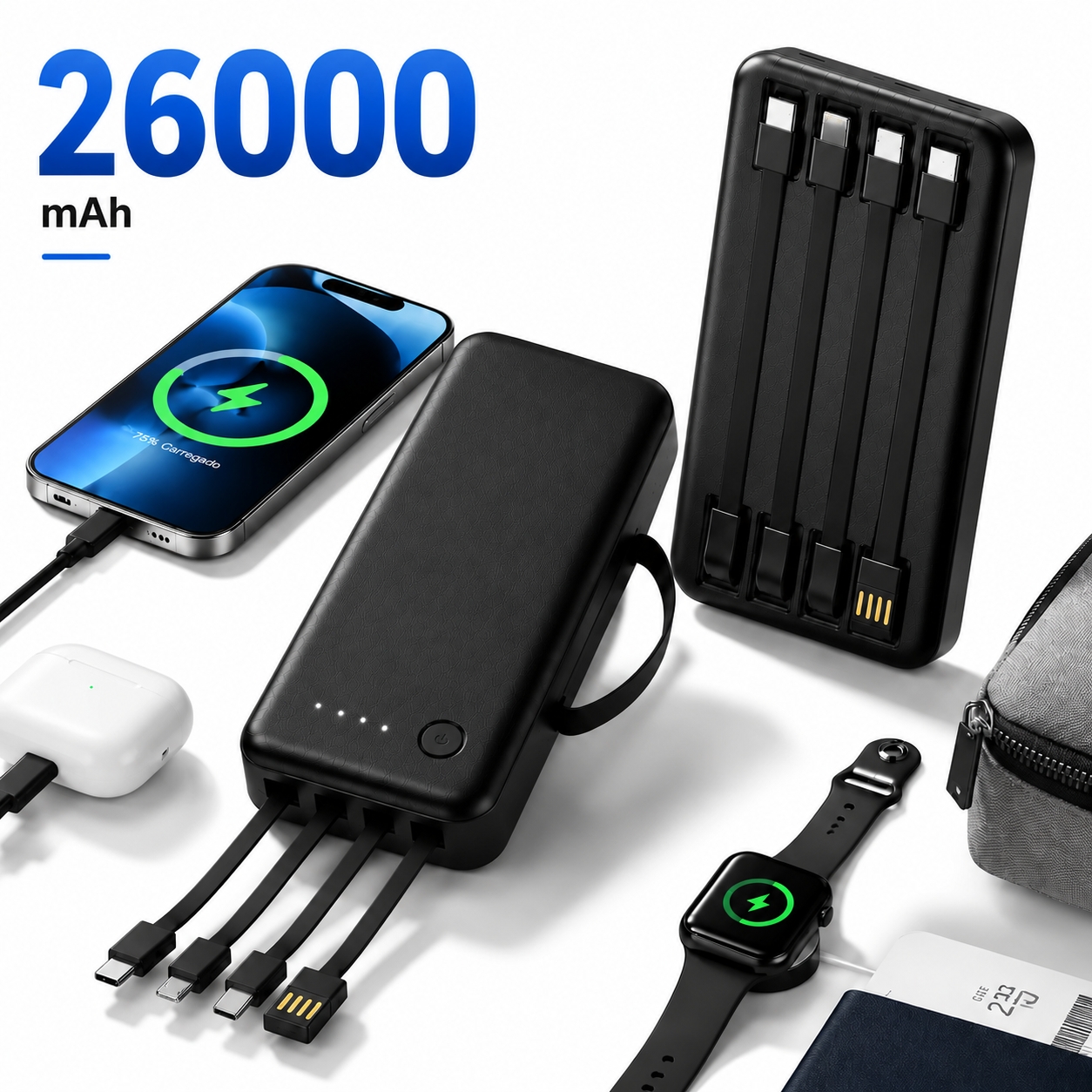 Power Bank Portátil 12000/26000mAh com Carregamento Rápido e 4 Cabos USB Integrados