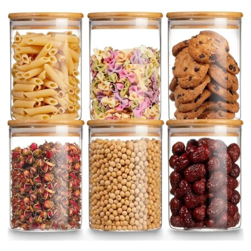Kit 06 Potes de Mantimentos Herméticos 300ml Vidro Tampa de Bambu