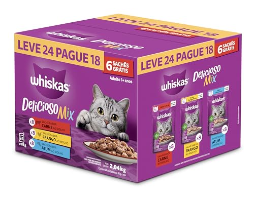 Pack Ração Úmida Whiskas Sachê Carne/Frango/Atum para Gatos Adultos - Leve 24 Pague 18