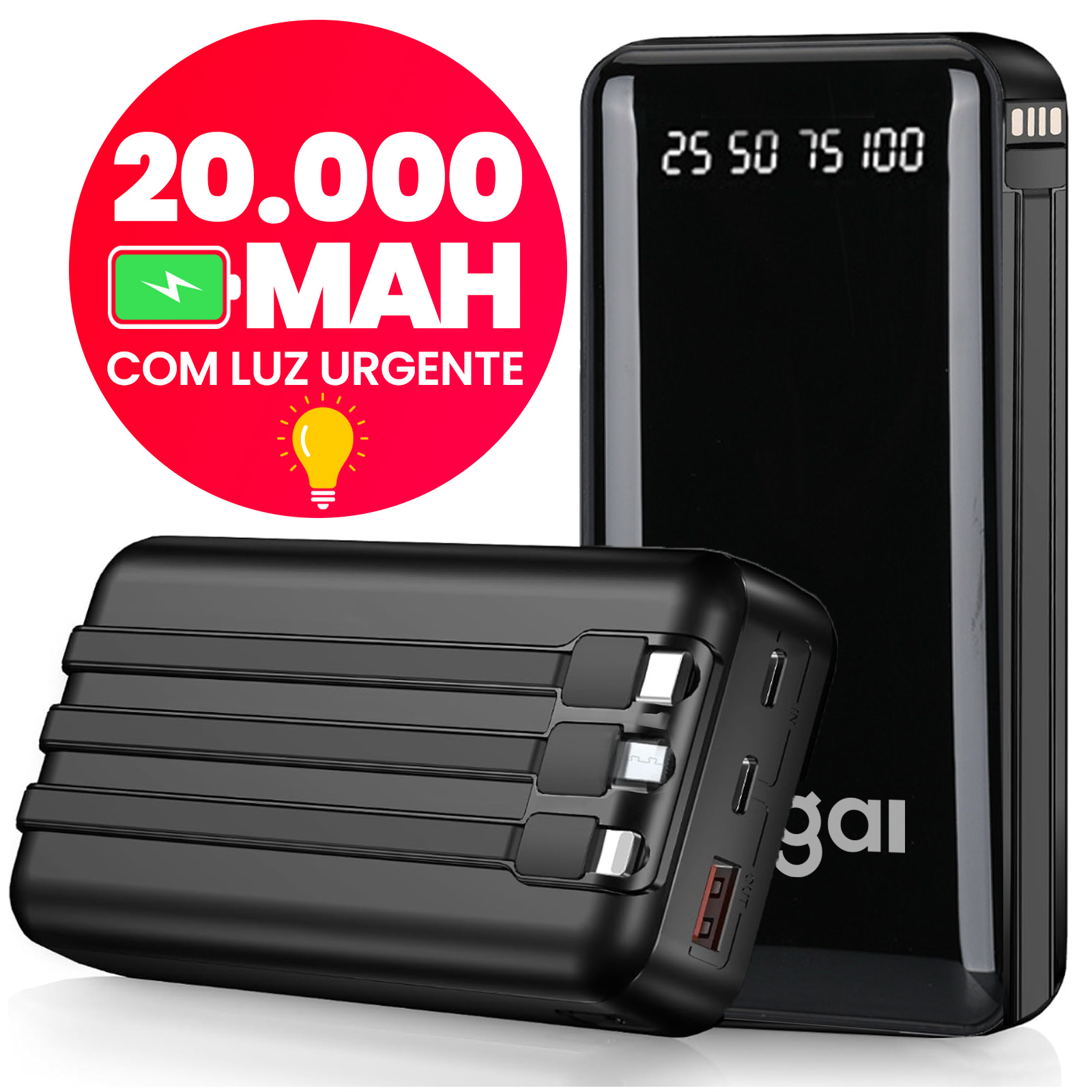 Power Bank 20000mAh com Lanterna e Display Digital