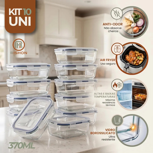 Kit 10 Potes Herméticos de Vidro 370ml com 4 Travas