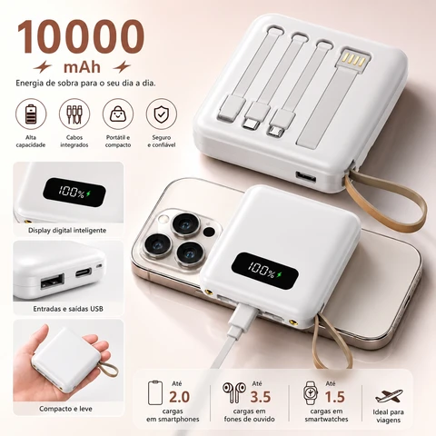 Power Bank 10000mAh com 4 Cabos e Visor Digital LED