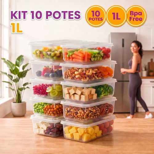 Kit 10 Potes 1 Litro Transparente Bpa Free Tampa Hermética Reutilizável Micro E Freezer