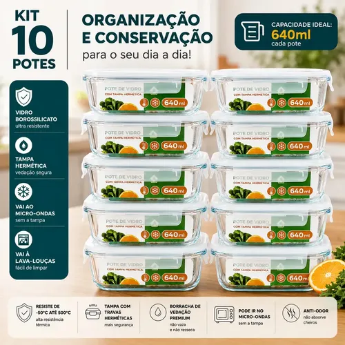 Kit 10 Potes Herméticos de Vidro 640ml Haushop