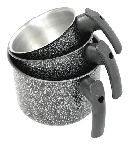 Conjunto 3 Peças Caneca Leiteira Fervedor Craqueado Alumínio Preto