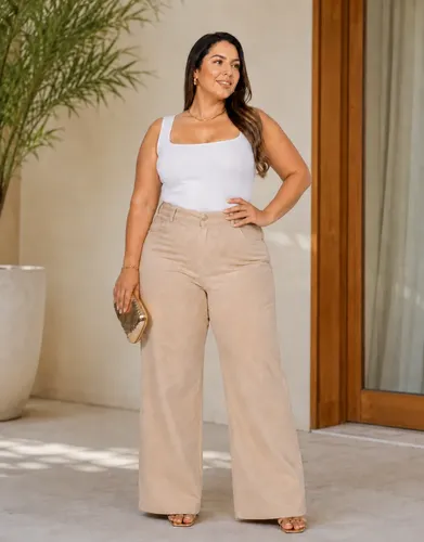 Calça Feminina Wide Leg Plus Size Cintura Alta