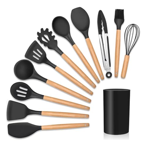 Kit 12 Utensílios de Cozinha em Silicone com Cabo de Madeira