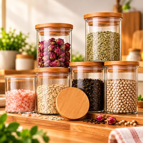 Kit 6 Potes Herméticos de Vidro 200ml com Tampa de Bambu