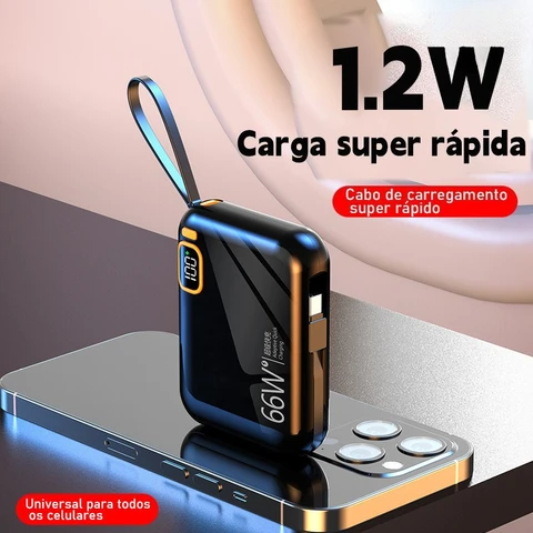 Power Bank 12000mAh Compacto com Cabo Integrado