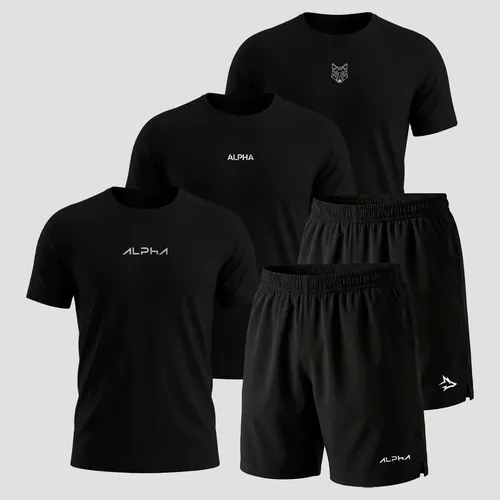 Kit 5 Peças All Black Dry 3 Camisetas e 2 Bermudas Alpha