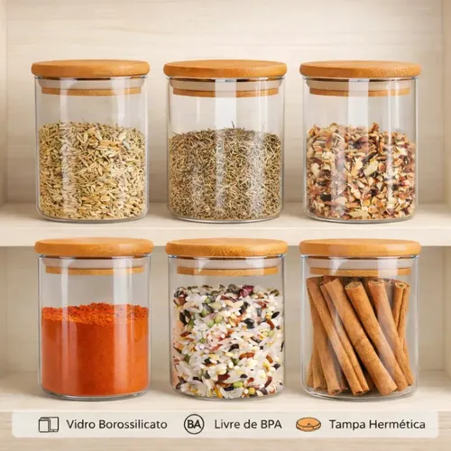 Kit 6 Potes de Vidro Herméticos com Tampa de Bambu 200ml