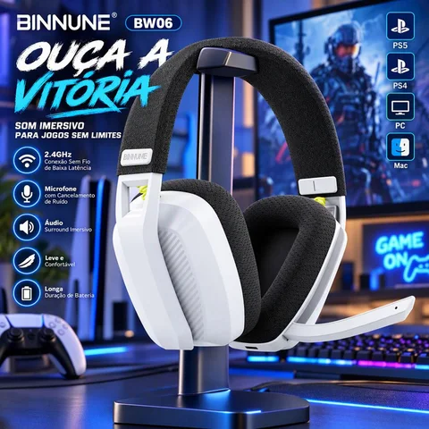 BINNUNE BW06 Fone de Ouvido Gamer Bluetooth 2.4GHz Sem Fio