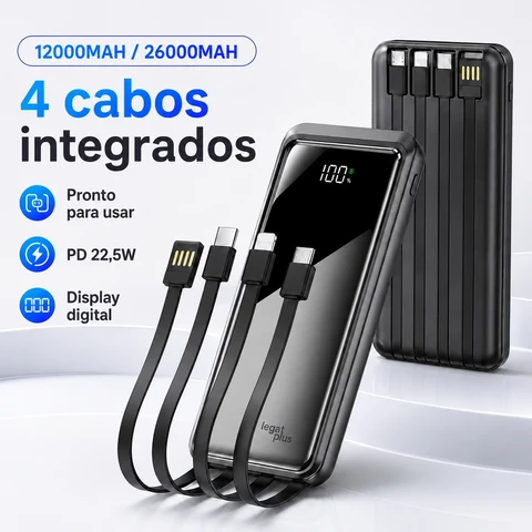 Power Bank 12000mAh/26000mAh com cabos embutidos USB Tipo-C