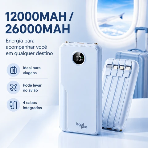Power Bank 12000mAh/26000mAh com 4 Cabos Integrados PD 22.5W