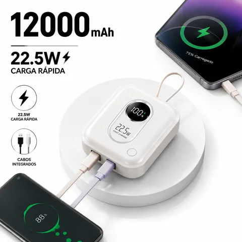 Carregador Portátil 12000mAh com Display LED e Cabos Integrados