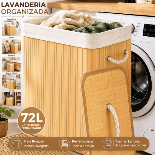 Cesto Organizador De Roupa Bambu Dobrável Retangular Com Tampa Forro e Alças 72 Litros Camperluz