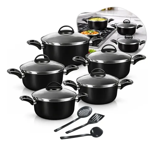 Conjunto de Panelas Caçarolas 5 Peças Antiaderente com 3 Utensílios e Tampa de Vidro