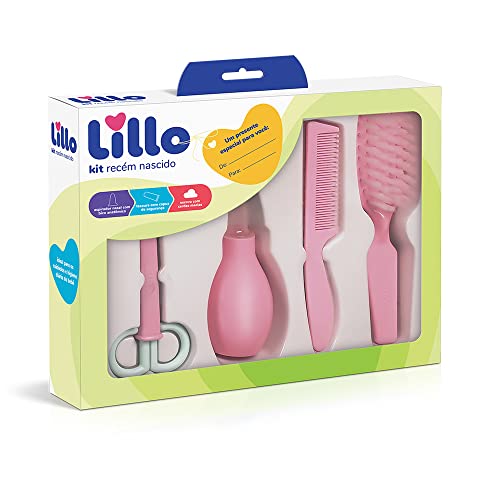 Lillo Kit de Higiene para Recém Nascido com Aspirador Nasal, Tesoura, Pente e Escova de Cabelo, Rosa