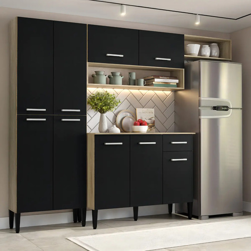 Cozinha Compacta Arizona Glam Com Armário E Balcão Carraro Cor Carvalho/Preto