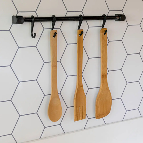 Barra Organizador Cozinha 4 Ganchos Aço 35cm Preto Parede