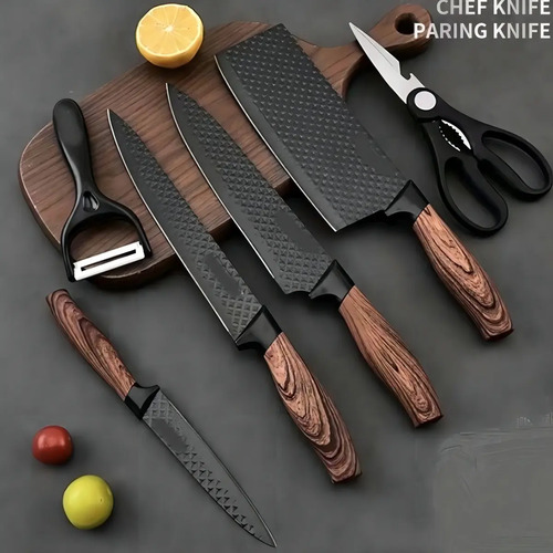 Kit Jogo De Facas Inox Corte Afiado Antiaderente Cor Marrom-escuro