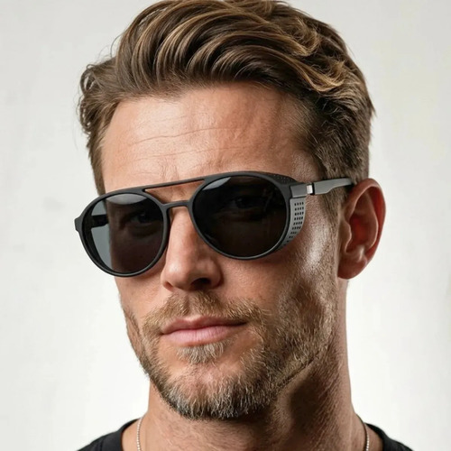 Óculos de Sol Redondo Masculino Preto Fosco Premium