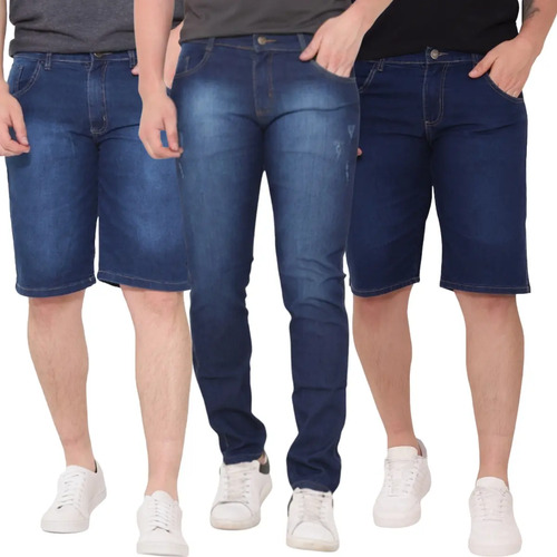 Kit 2 Bermudas Masculina Jeans e 1 Calça Jeans Skinny Lycra