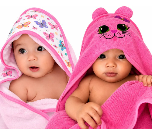 Kit 2 Toalhas de Banho Bebê com Capuz e Orelhinha Infantil Rosa