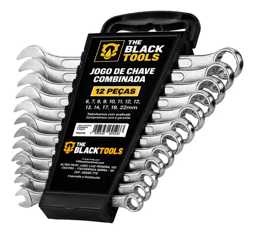 Jogo de Chave Boca e Estrela Combinada 12 Peças Aço 6-22 mm Cromada Profissional TKCH12 The Black Tools